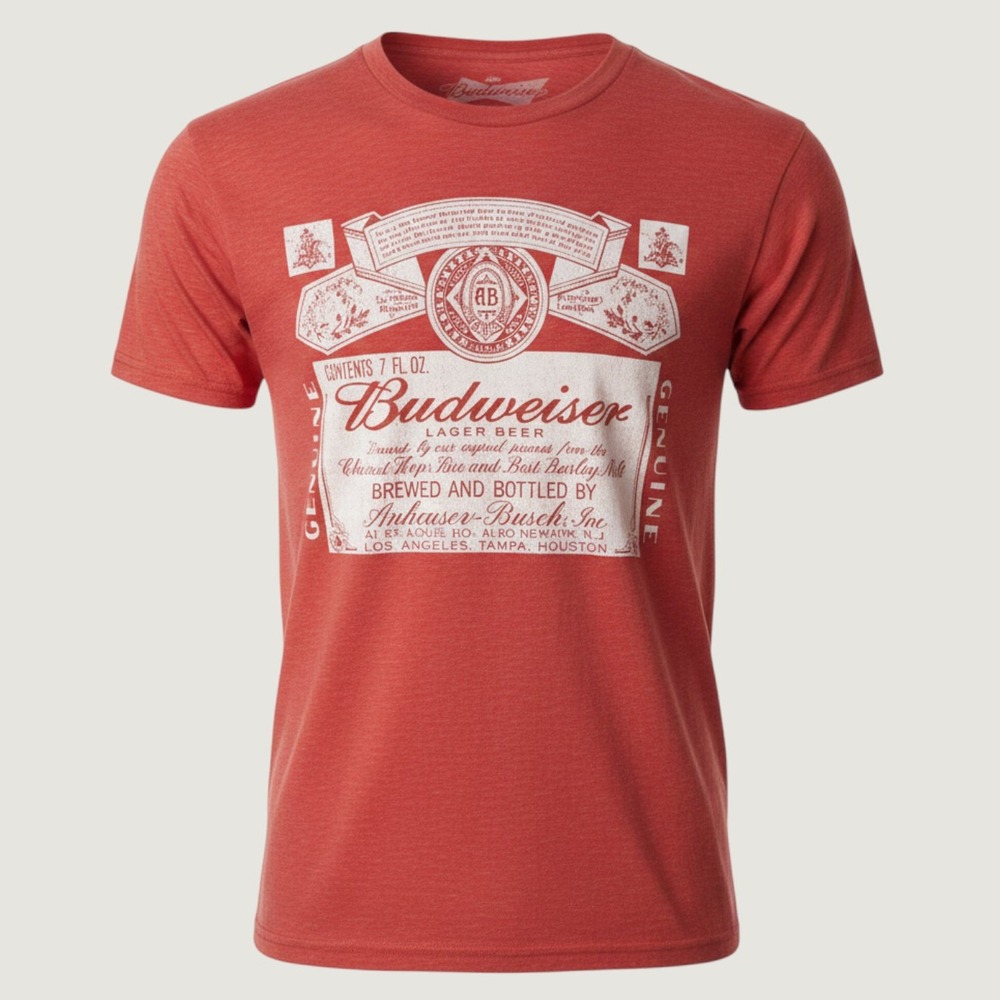 Budweiser T Shirt Large Red‎ Graphic Lager Beer Label Mad Engine Short Sleeve